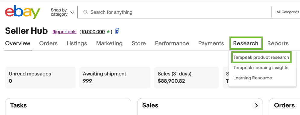 eBay Product Research Desktop View